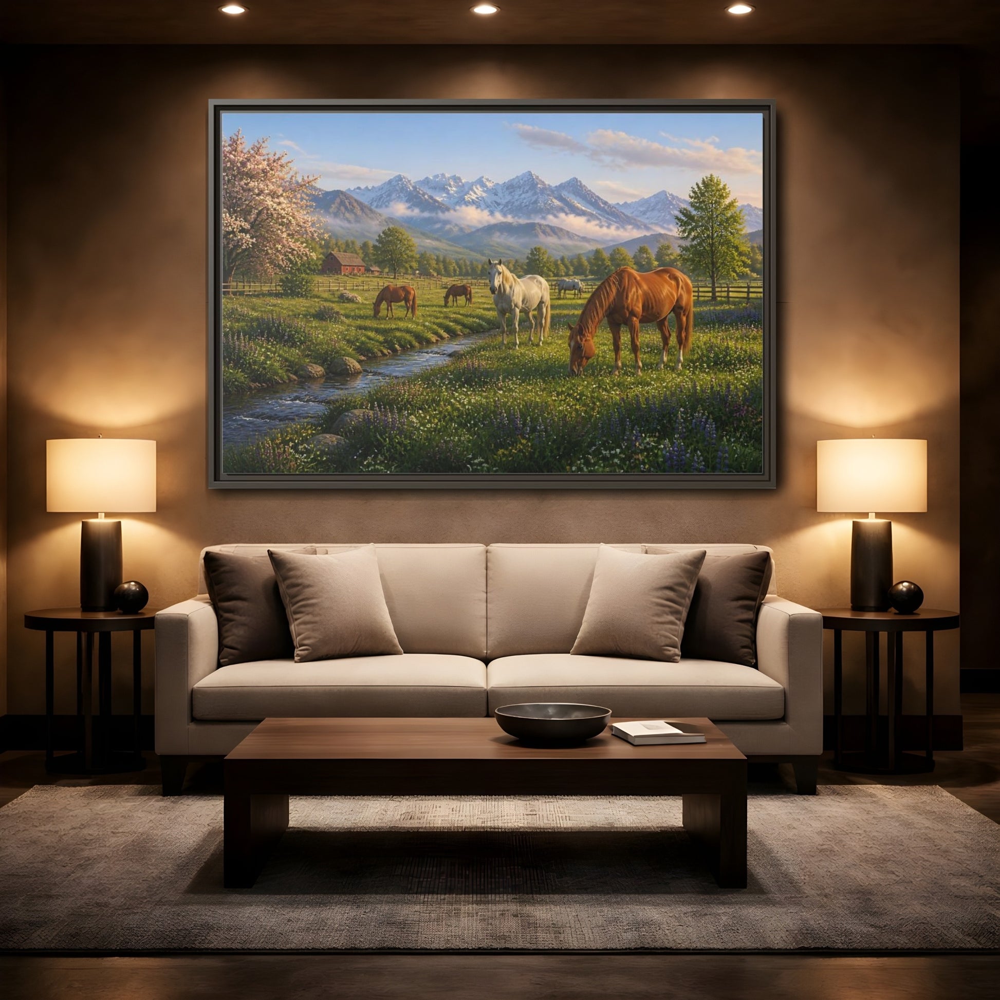 Mockup 2. Spring Meadow With Horses shown as framed canvas print