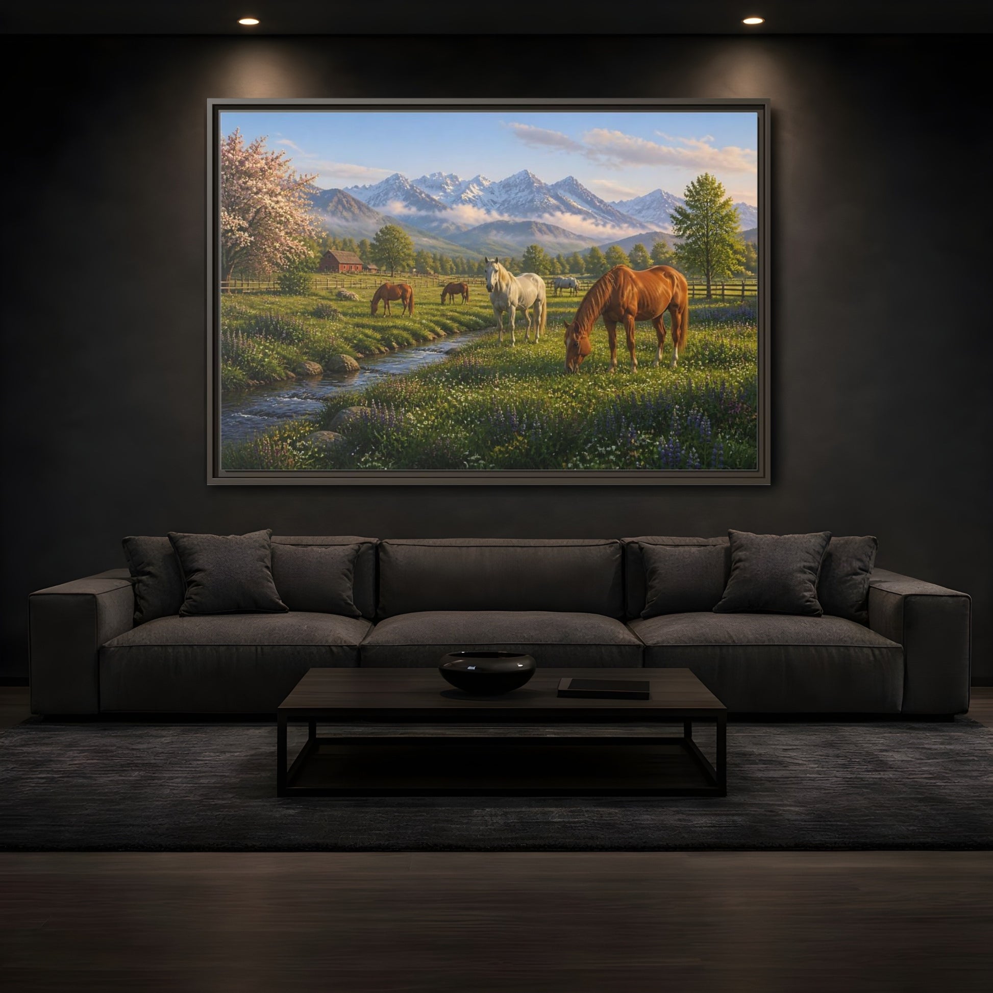 Mockup 3. Spring Meadow With Horses shown as framed canvas print