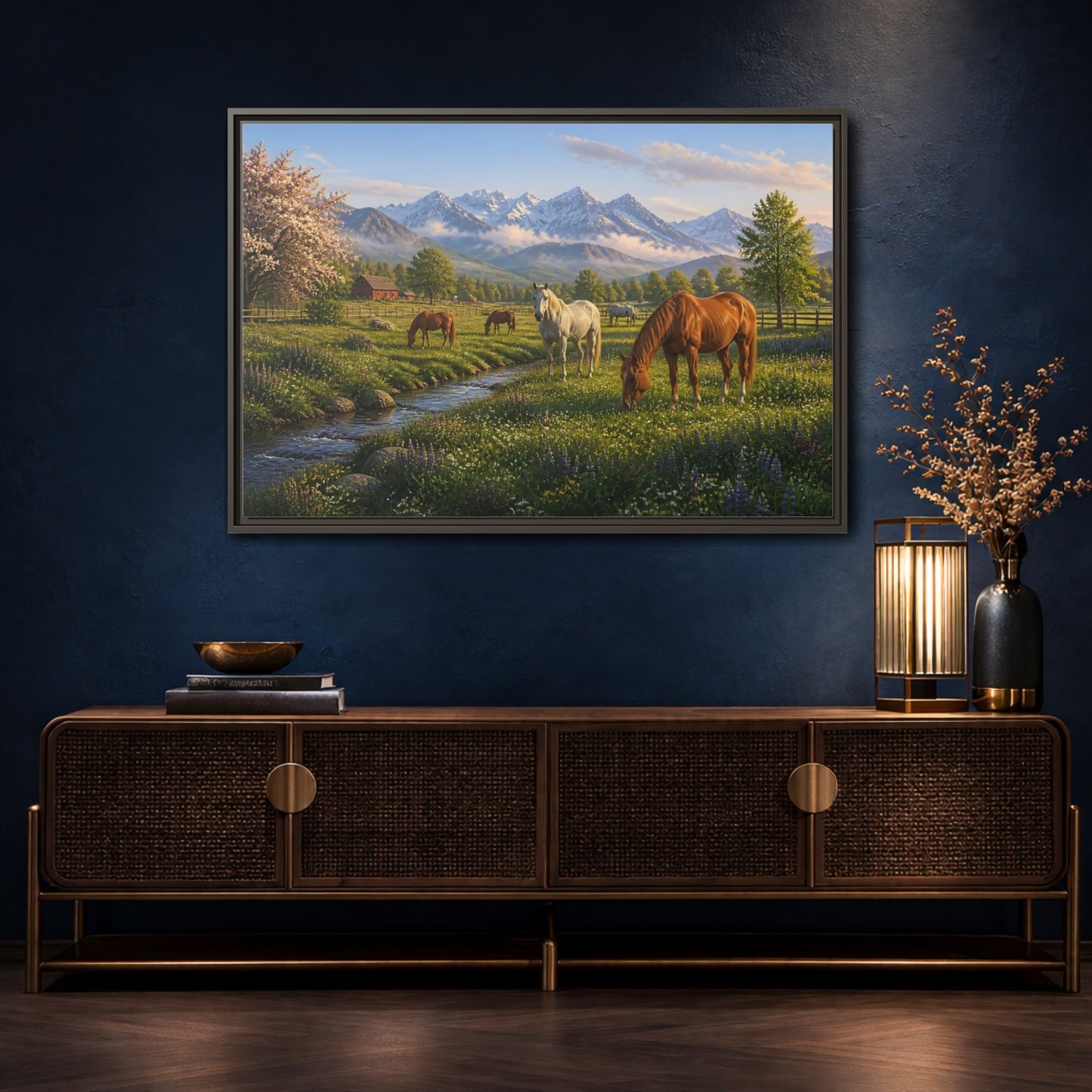 Mockup 4. Spring Meadow With Horses shown as framed canvas print