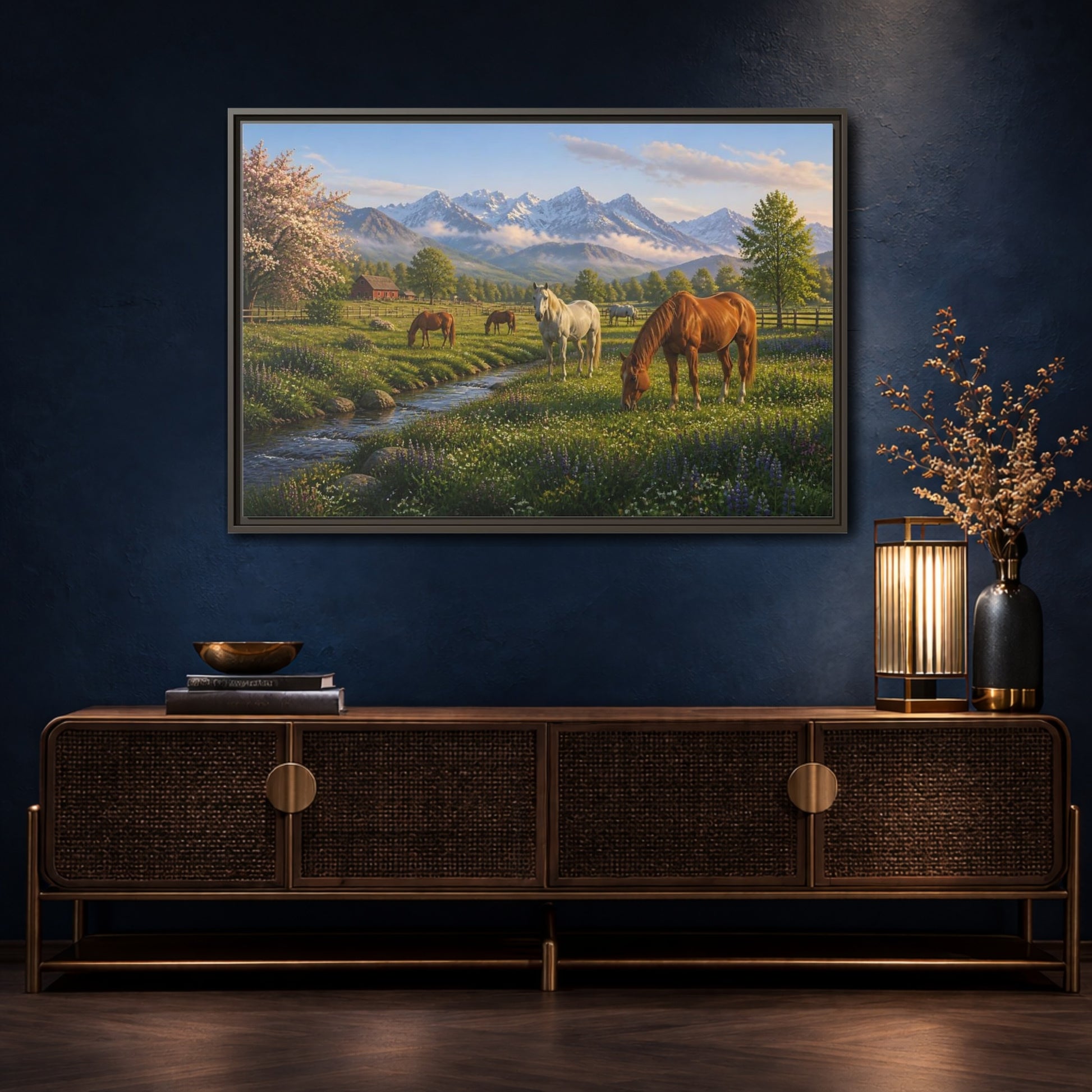 Mockup 4. Spring Meadow With Horses shown as framed canvas print