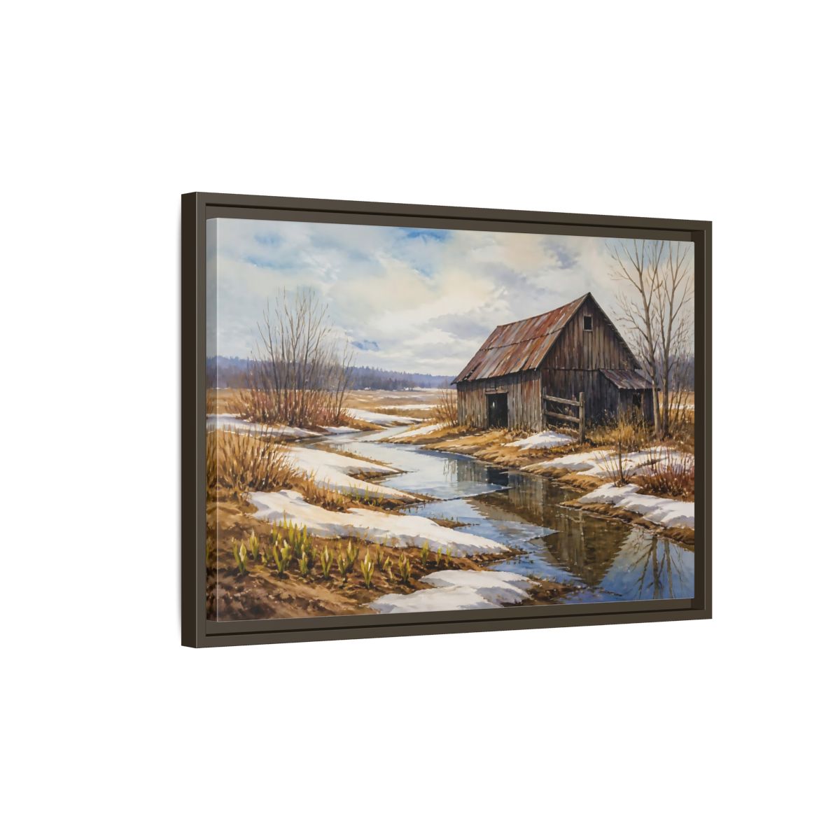 Side Mockup 2. Spring Thaw At Old Barn shown as framed canvas print