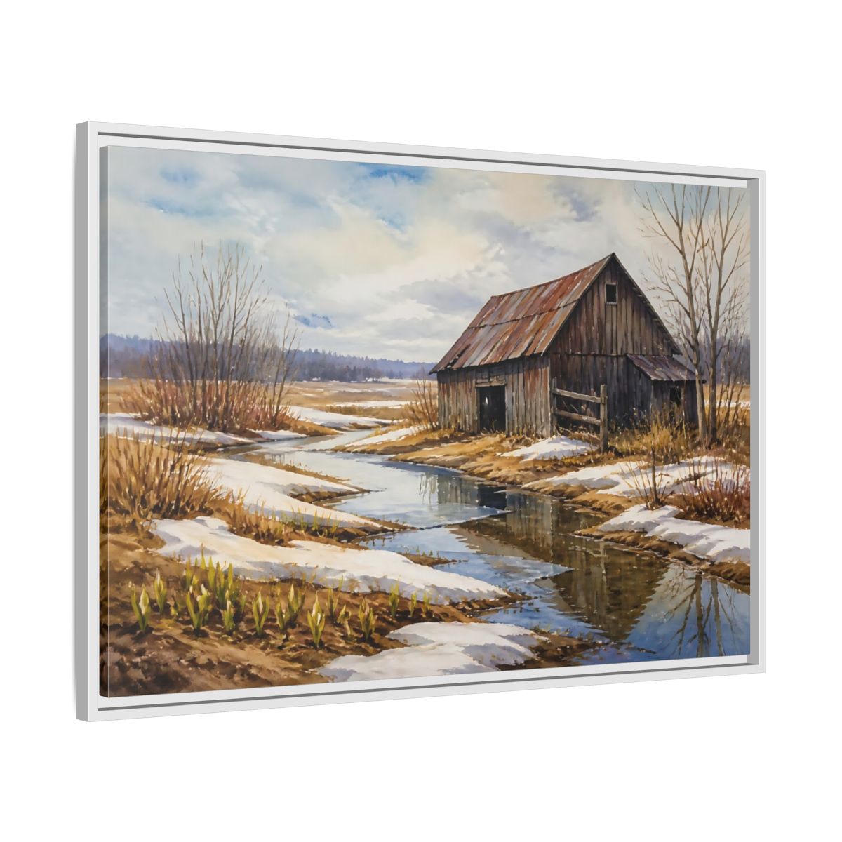 Side Mockup 9. Spring Thaw At Old Barn shown as framed canvas print