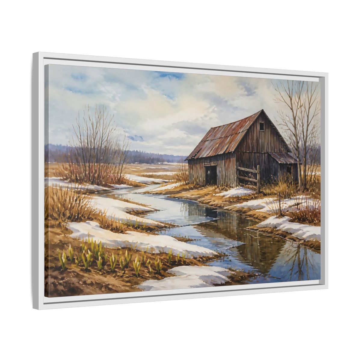Side Mockup 10. Spring Thaw At Old Barn shown as framed canvas print