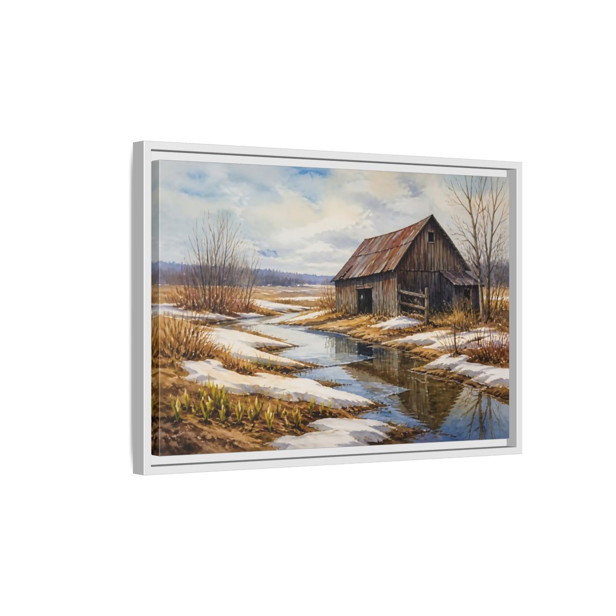 Side Mockup 1. Spring Thaw At Old Barn shown as framed canvas print