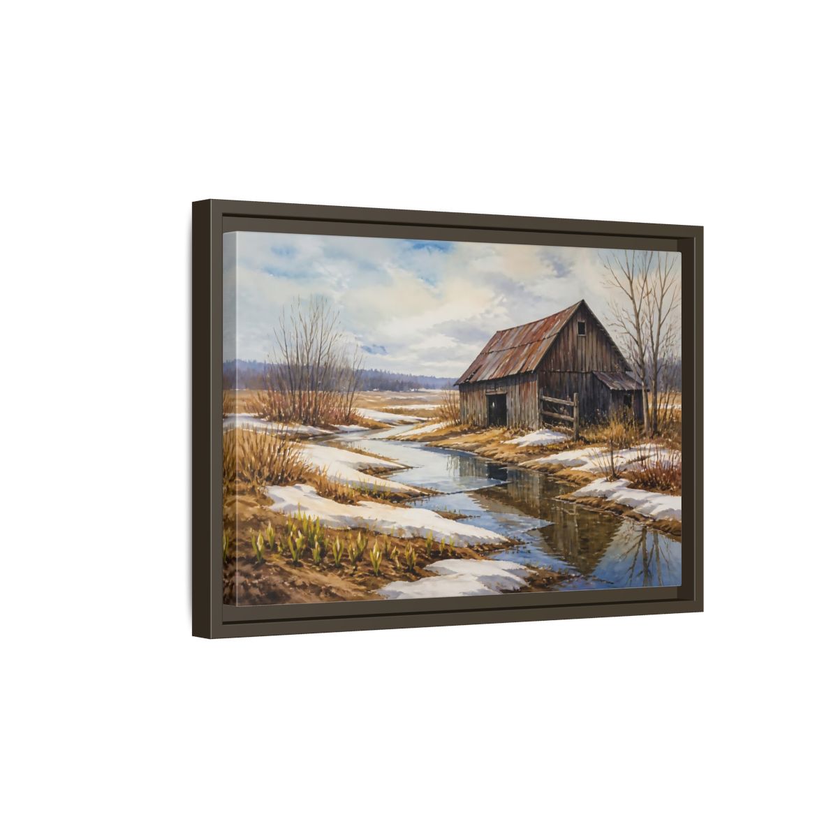 Side Mockup 5. Spring Thaw At Old Barn shown as framed canvas print
