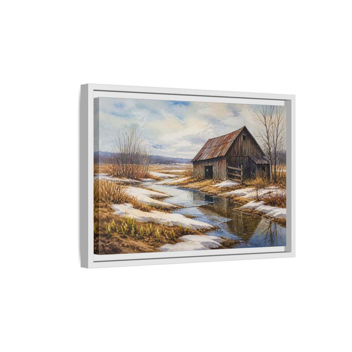 Side Mockup 4. Spring Thaw At Old Barn shown as framed canvas print