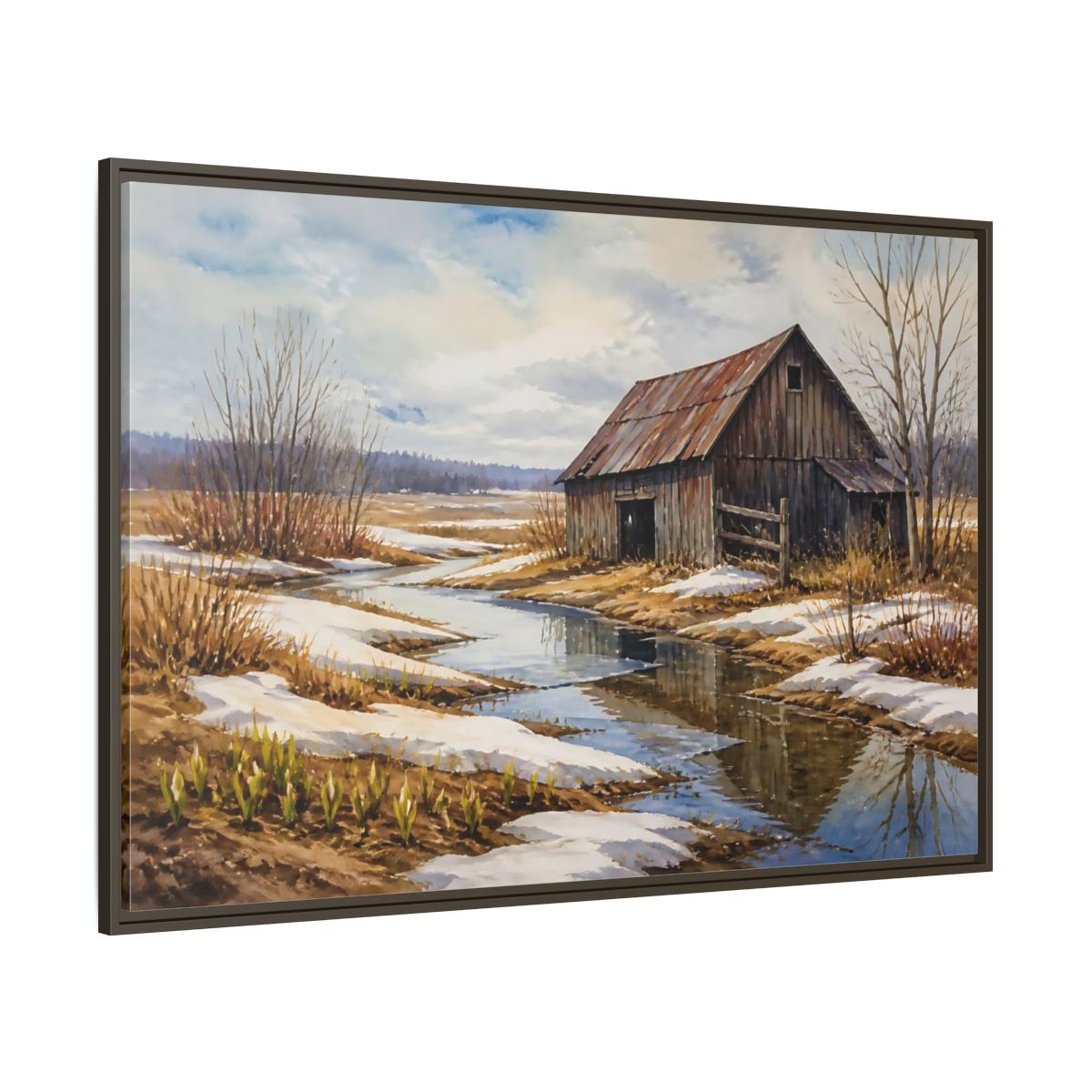 Side Mockup 8. Spring Thaw At Old Barn shown as framed canvas print