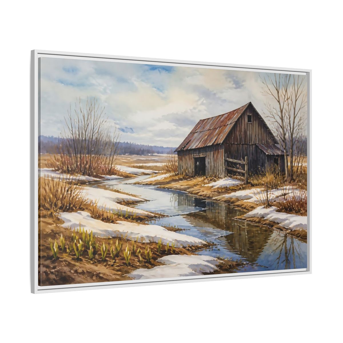 Side Mockup 7. Spring Thaw At Old Barn shown as framed canvas print