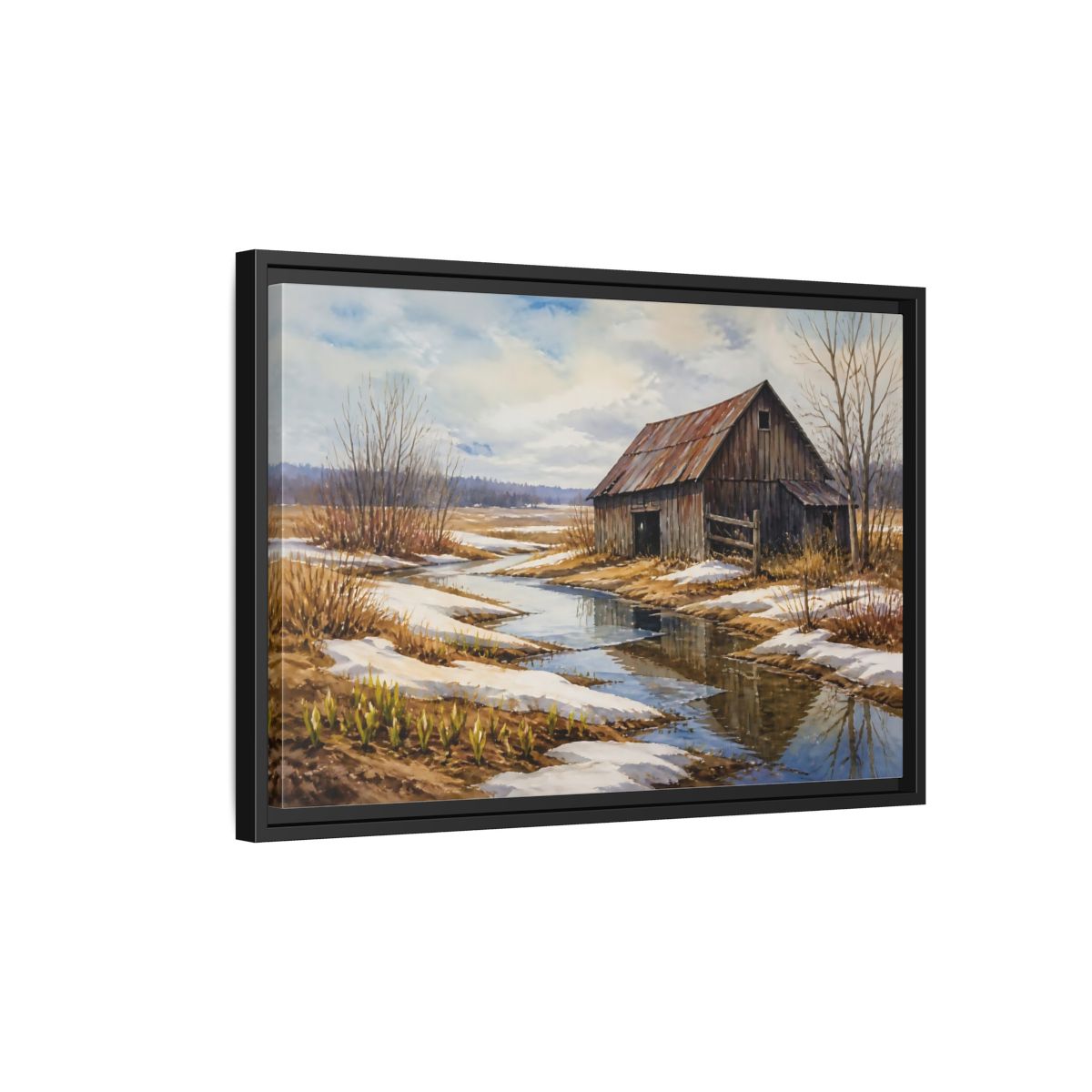Side Mockup 3. Spring Thaw At Old Barn shown as framed canvas print