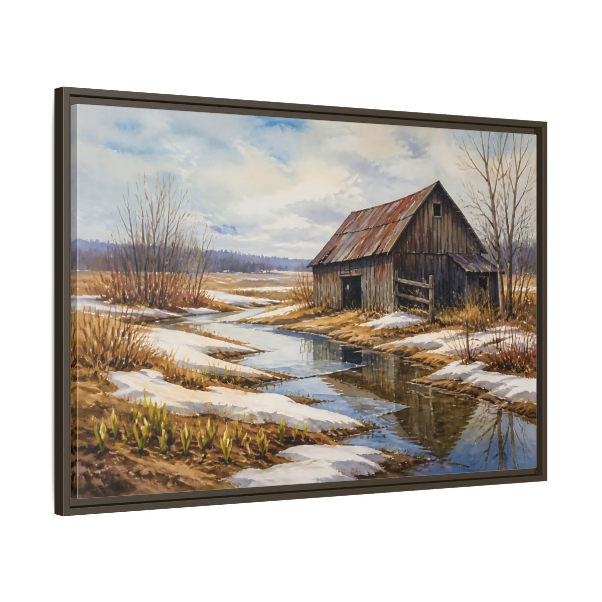 Main Mockup. Spring Thaw At Old Barn shown as framed canvas print