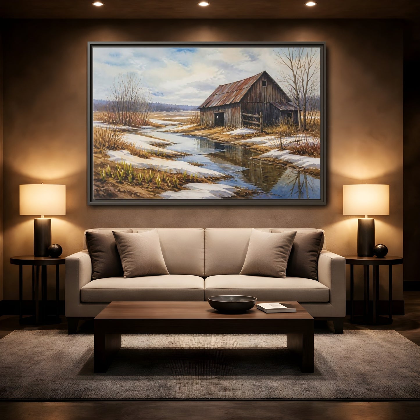Mockup 2. Spring Thaw At Old Barn shown as framed canvas print