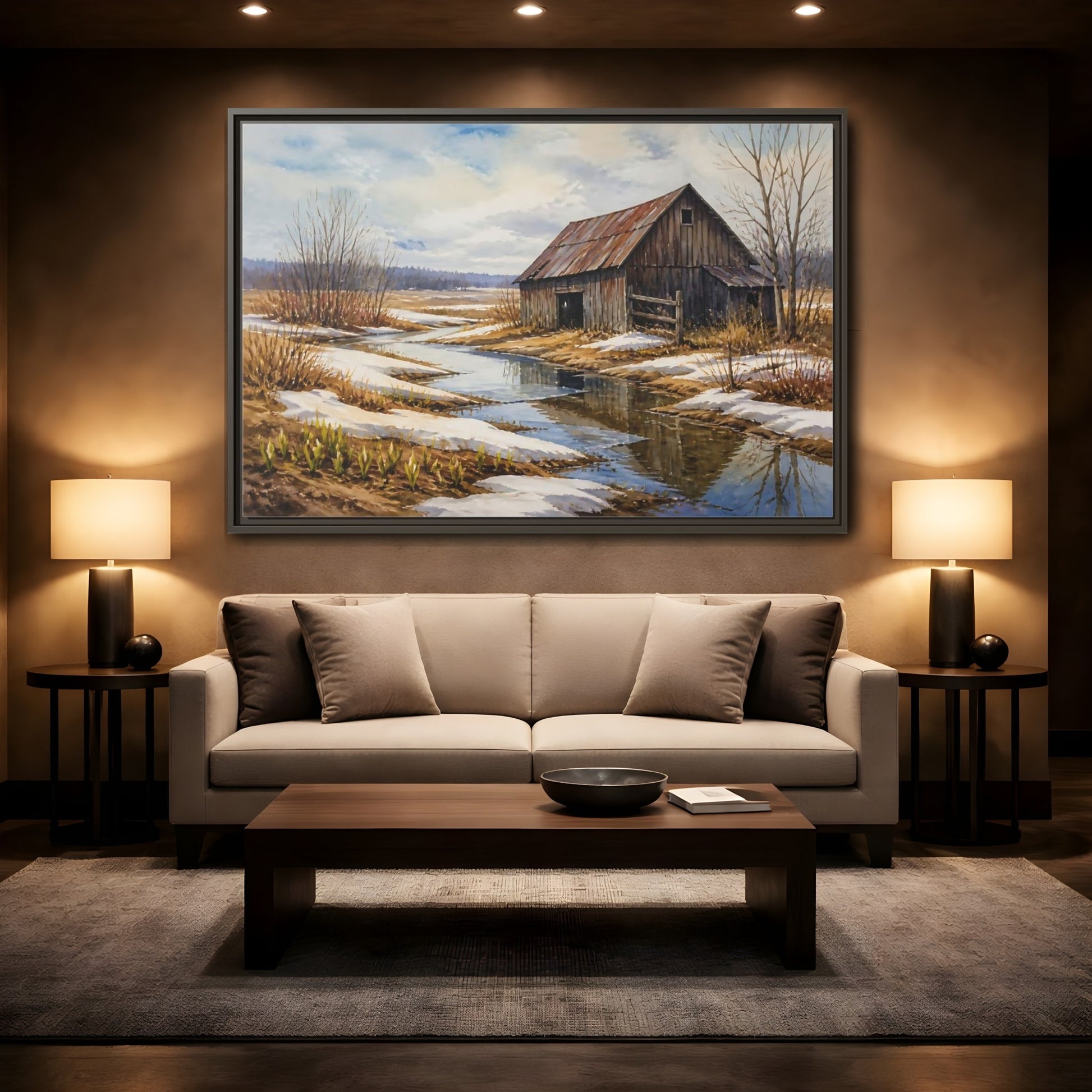 Mockup 2. Spring Thaw At Old Barn shown as framed canvas print