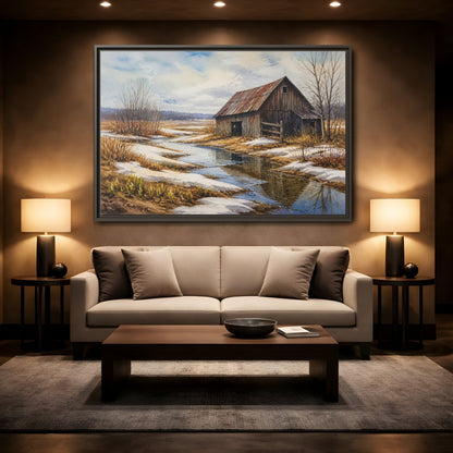 Mockup 2. Spring Thaw At Old Barn shown as framed canvas print
