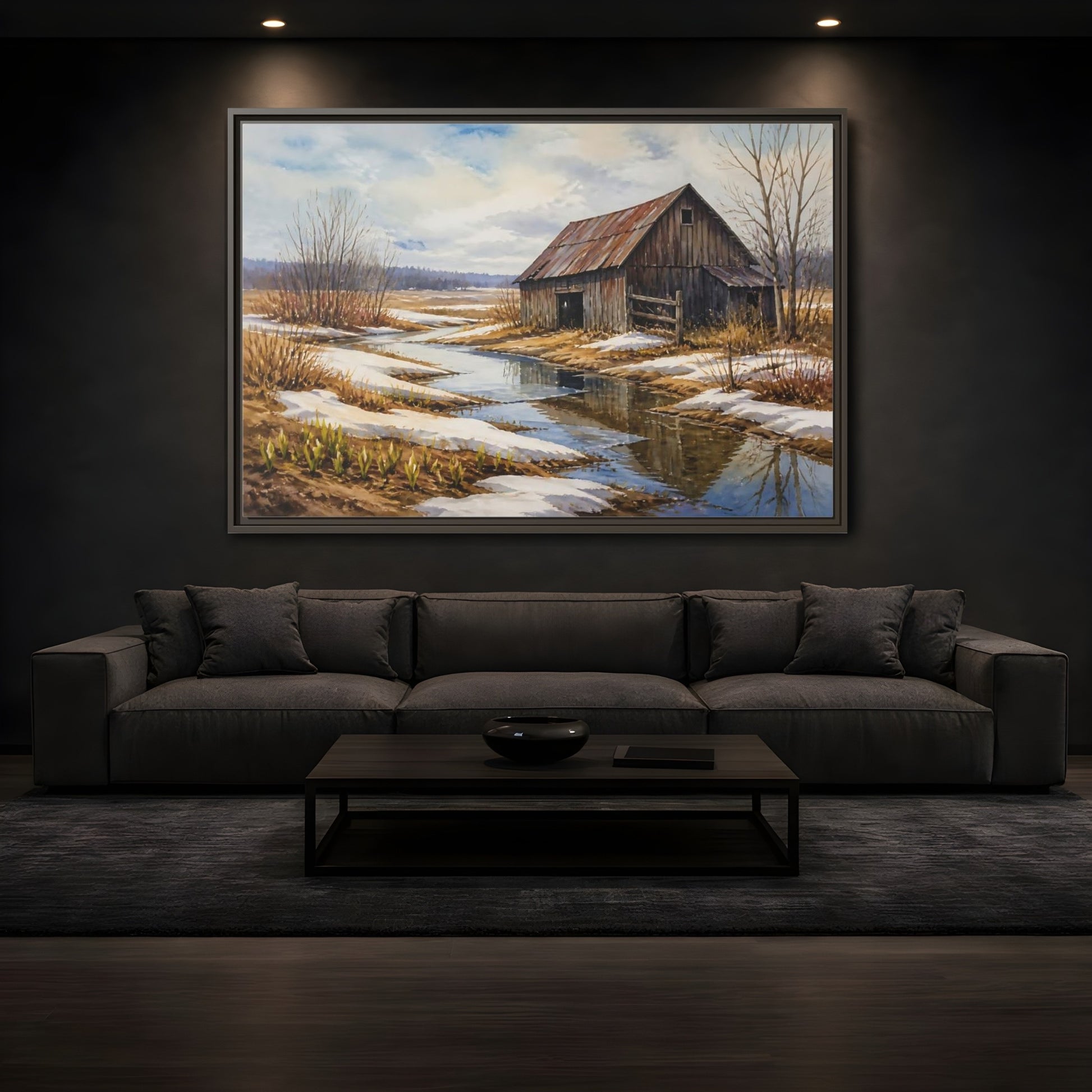 Mockup 3. Spring Thaw At Old Barn shown as framed canvas print