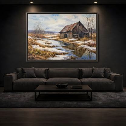 Mockup 3. Spring Thaw At Old Barn shown as framed canvas print