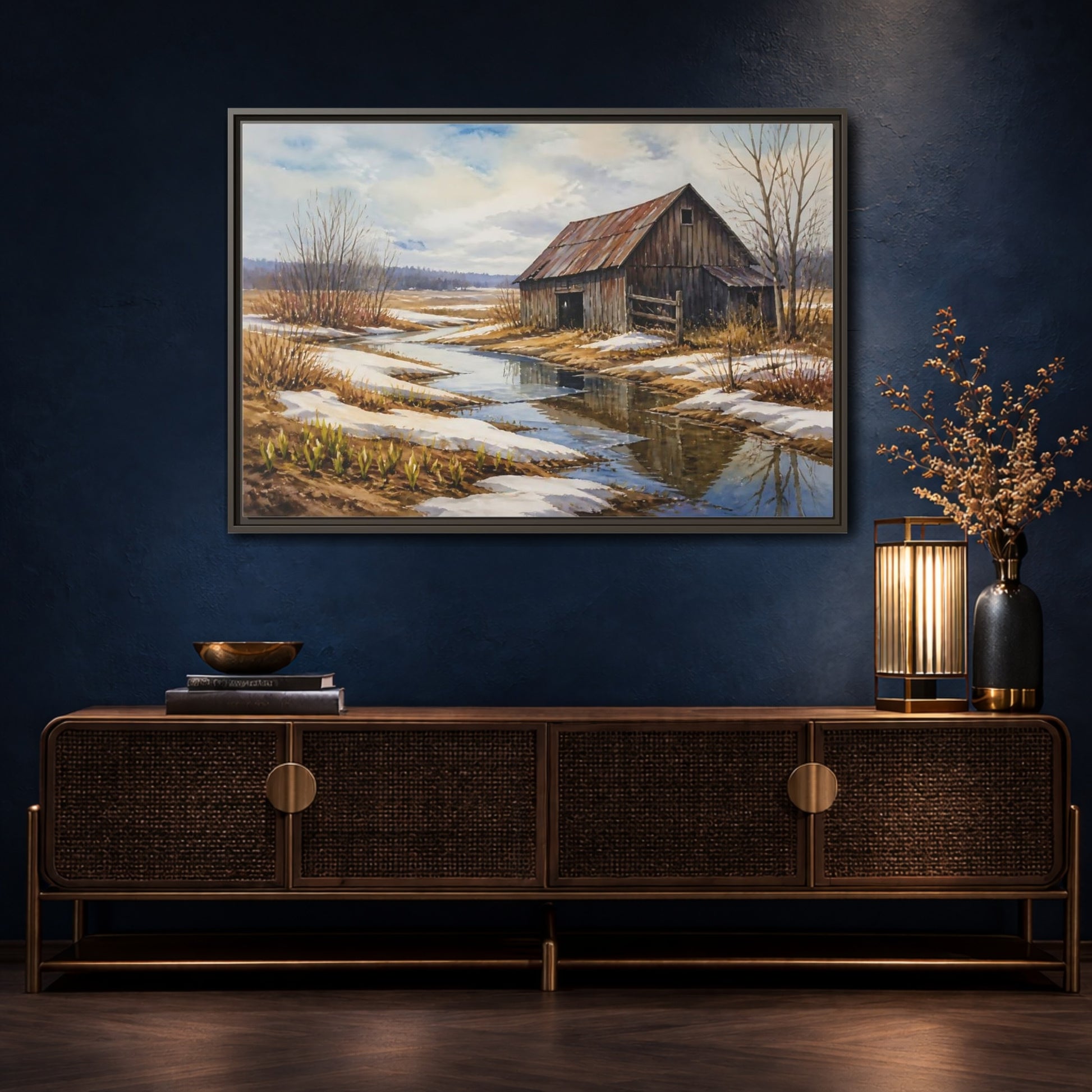Mockup 4. Spring Thaw At Old Barn shown as framed canvas print