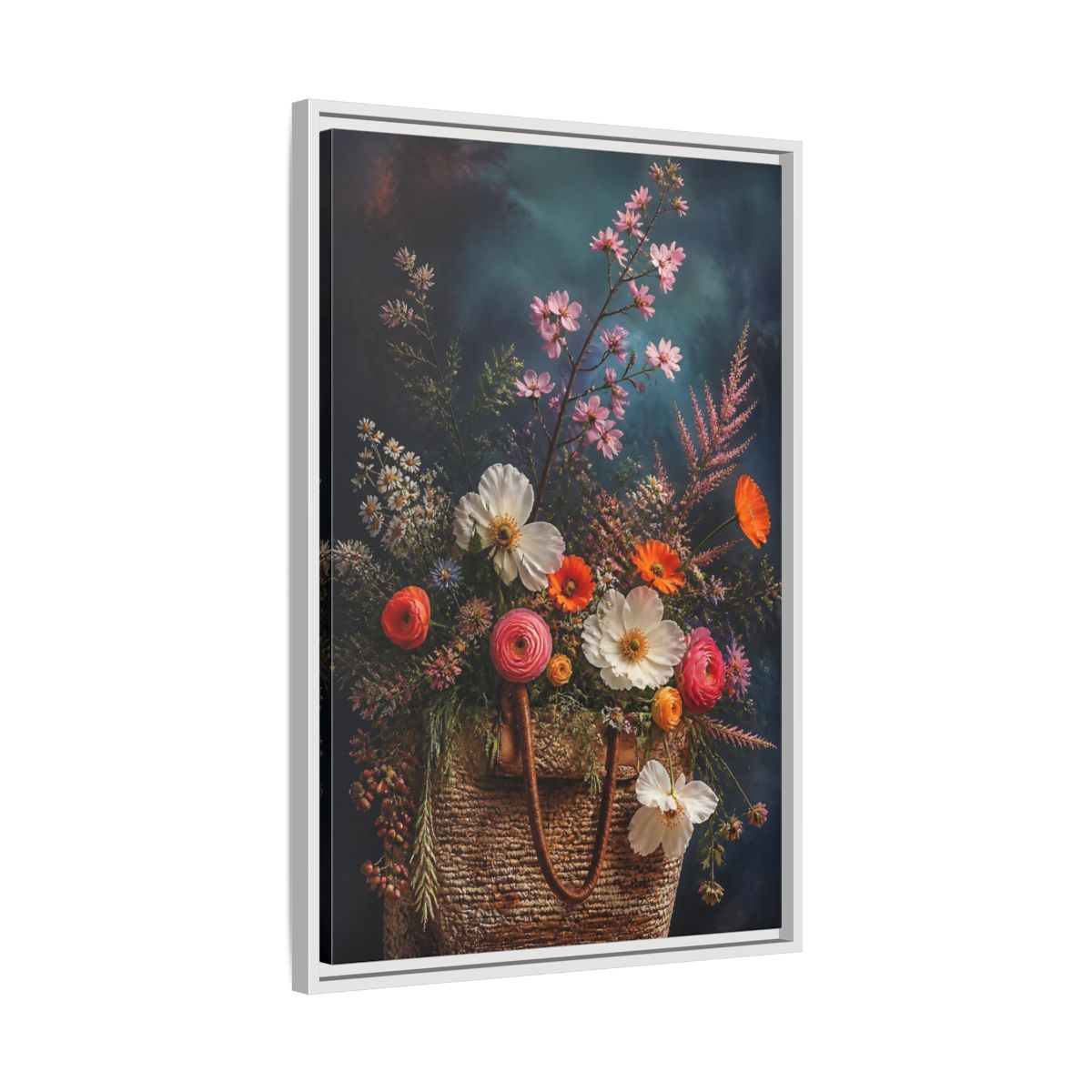 Side Mockup 10. Spring Wildflower Basket shown as framed canvas print