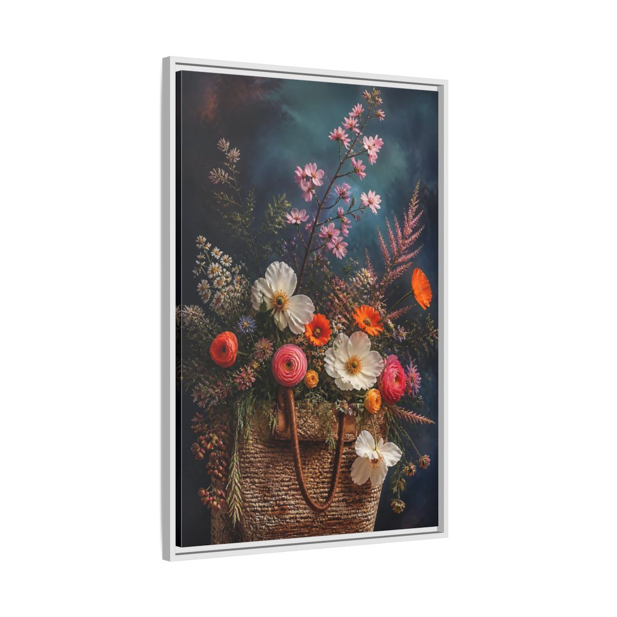 Side Mockup 9. Spring Wildflower Basket shown as framed canvas print