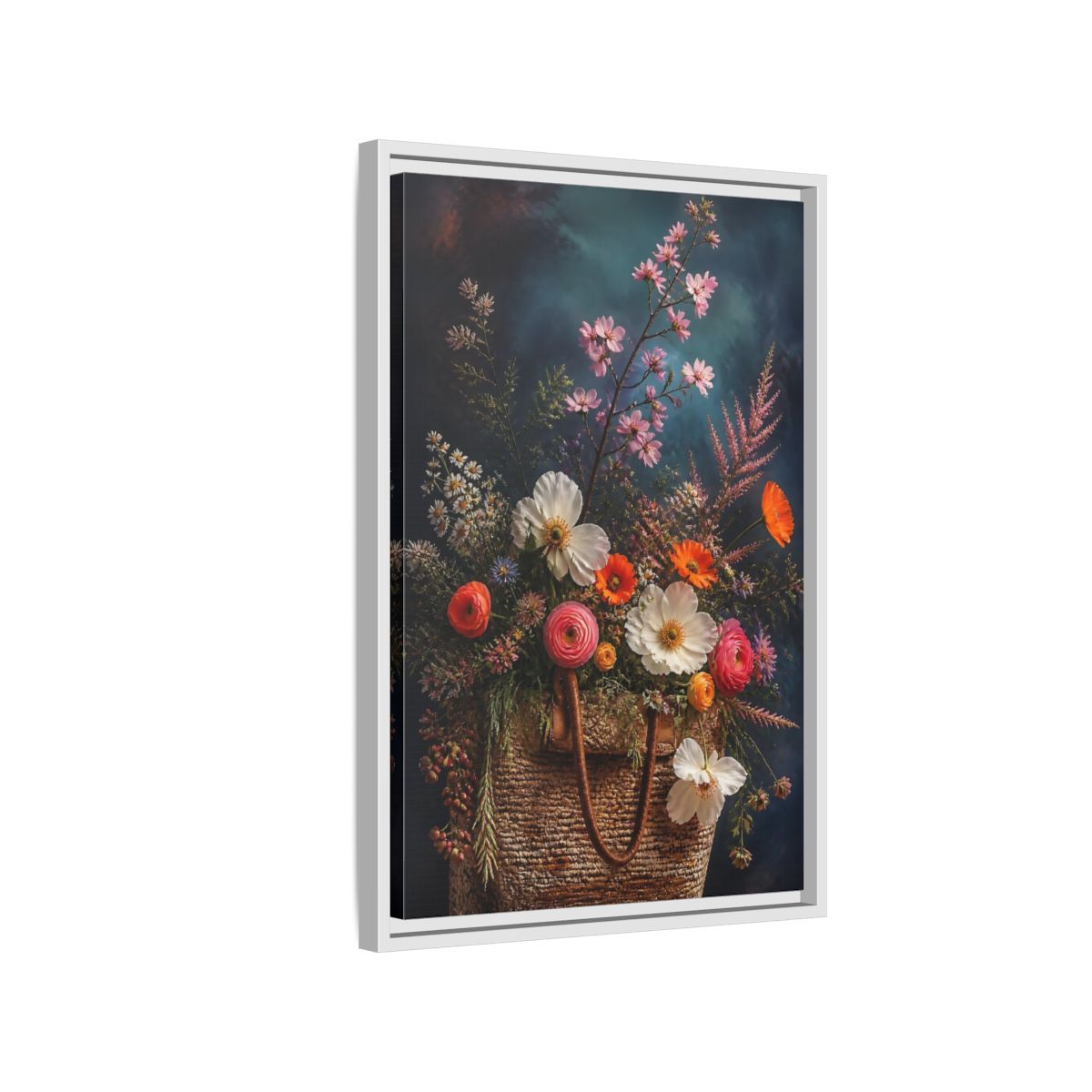 Side Mockup 1. Spring Wildflower Basket shown as framed canvas print