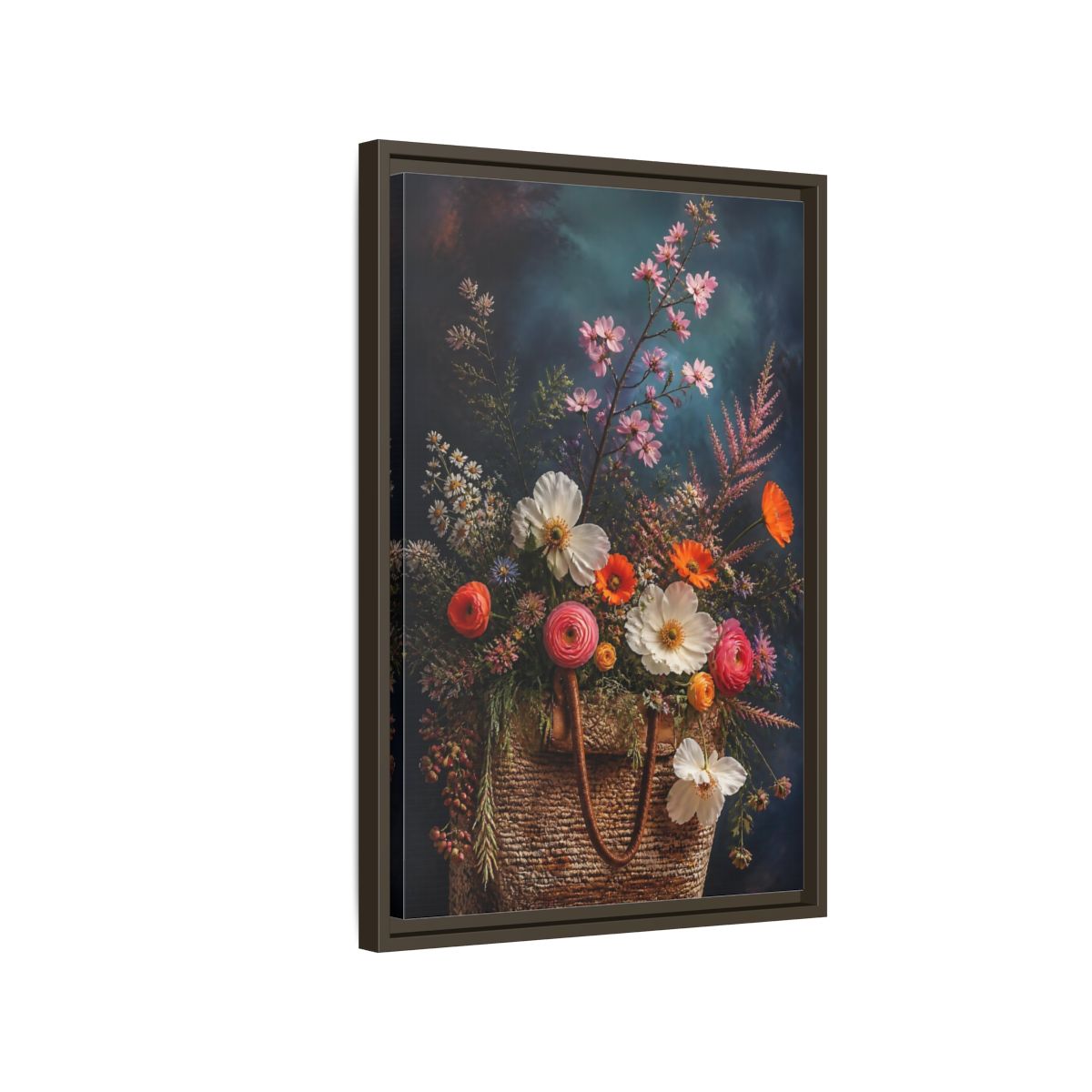 Side Mockup 2. Spring Wildflower Basket shown as framed canvas print