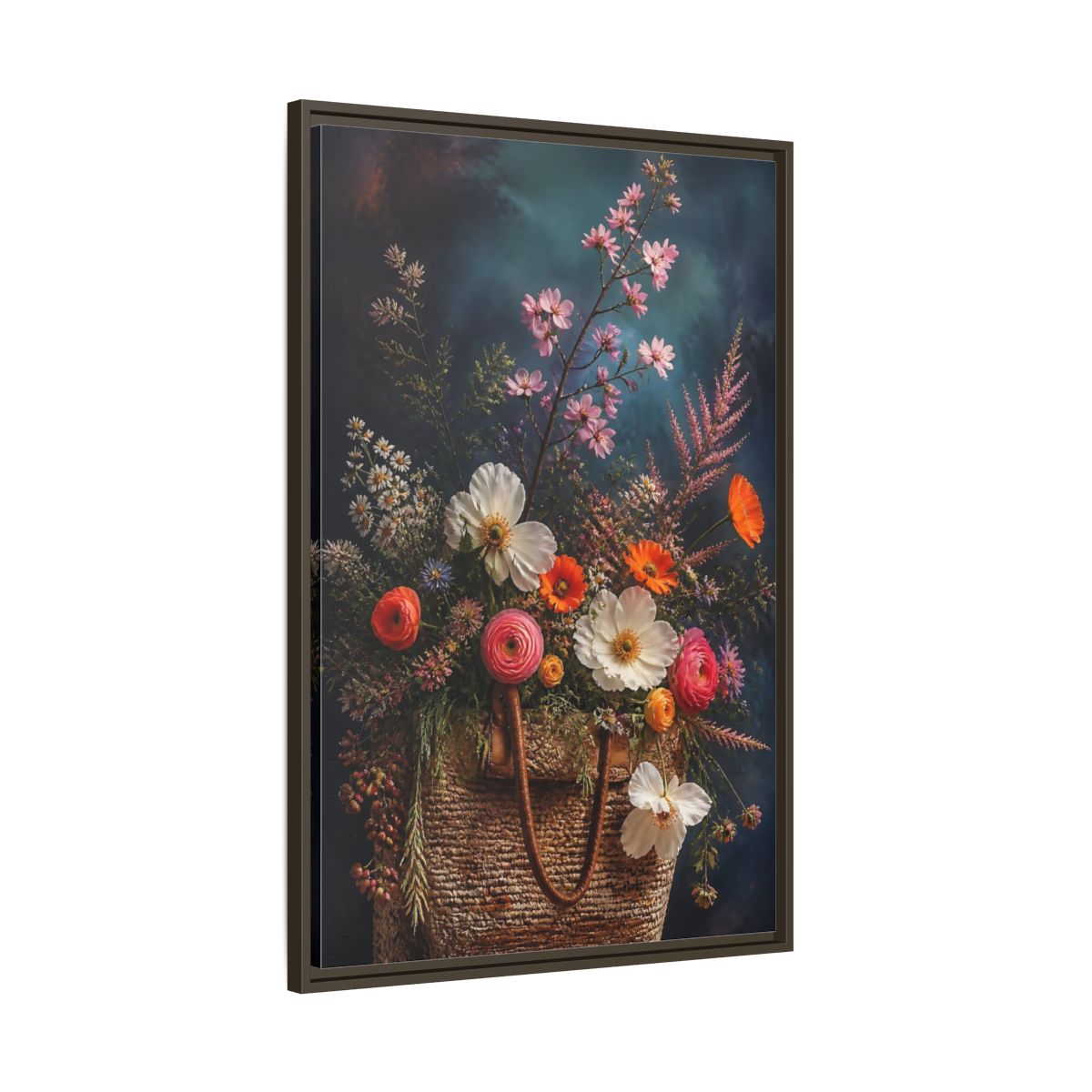 Main Mockup. Spring Wildflower Basket shown as framed canvas print