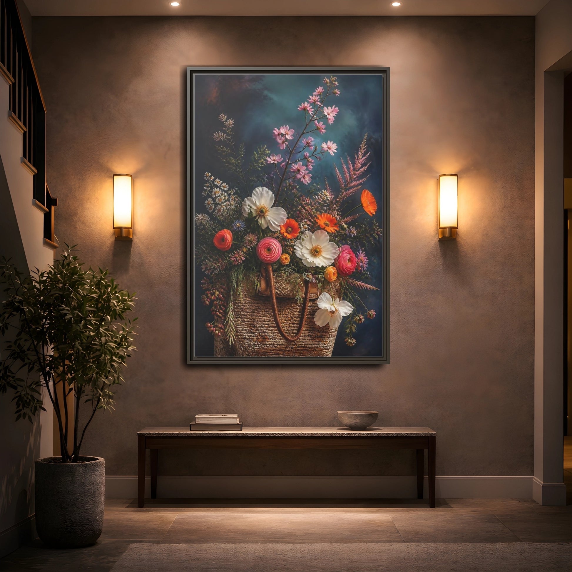 Mockup 2. Spring Wildflower Basket shown as framed canvas print