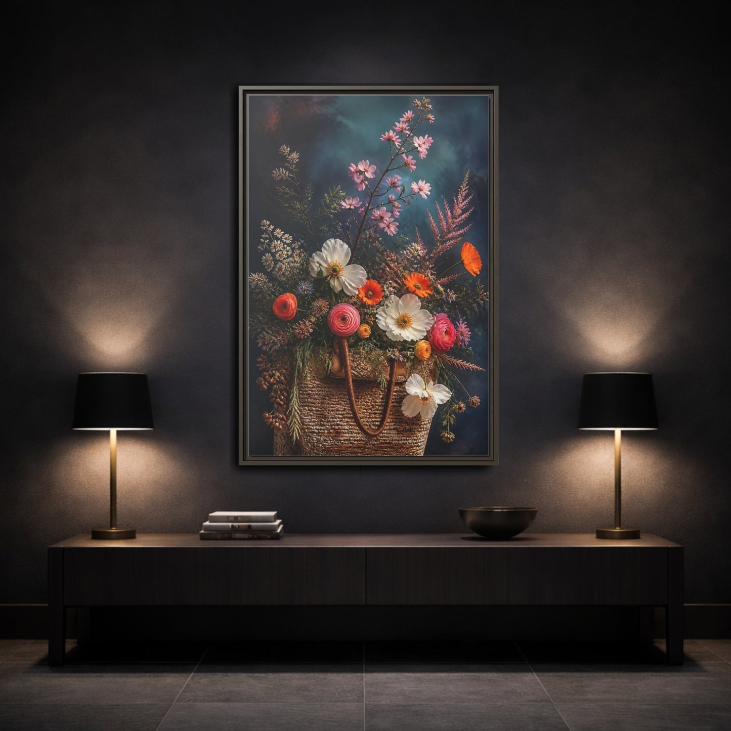 Mockup 3. Spring Wildflower Basket shown as framed canvas print