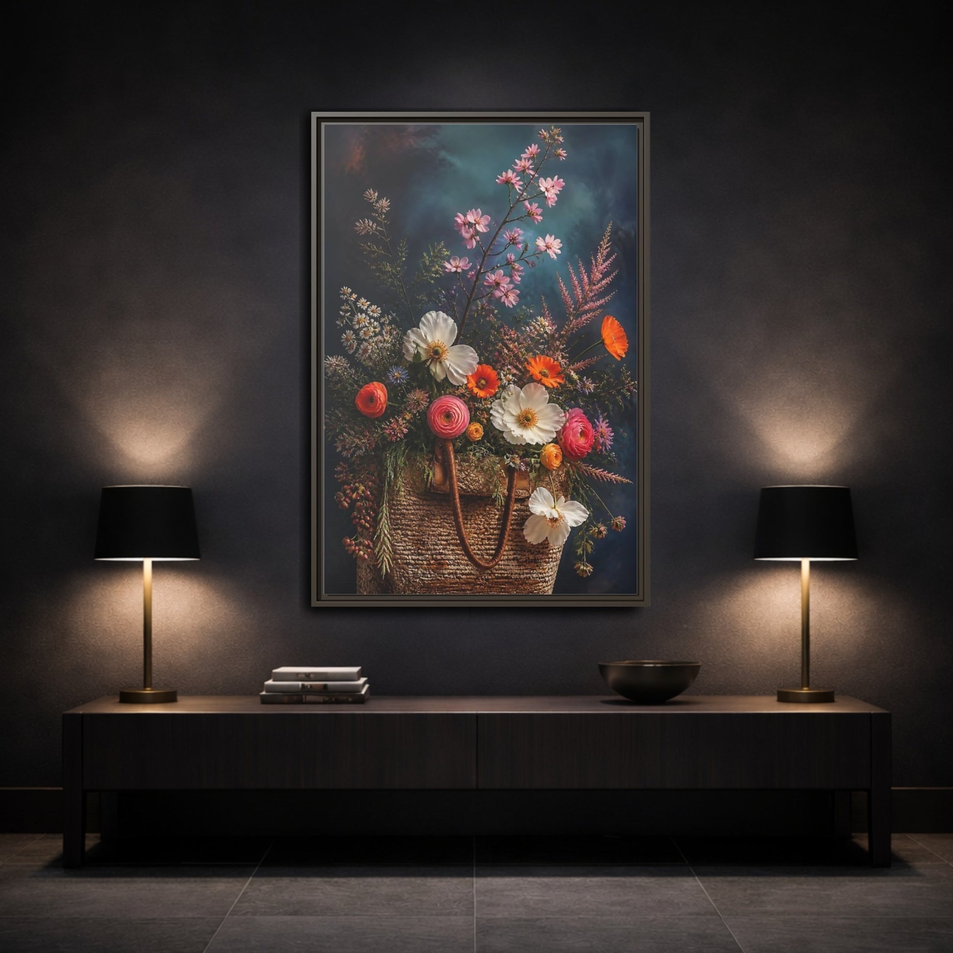 Mockup 3. Spring Wildflower Basket shown as framed canvas print