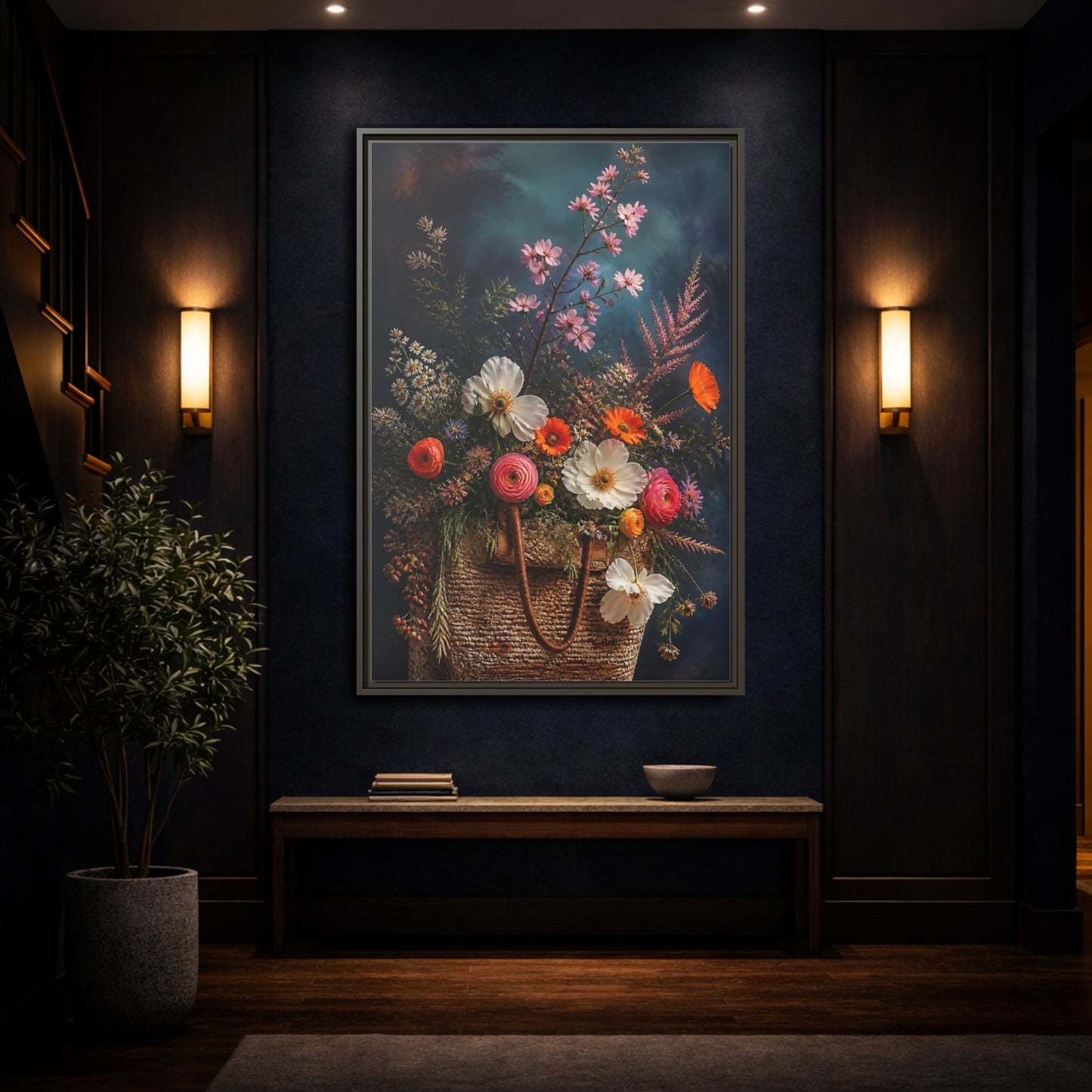 Mockup 4. Spring Wildflower Basket shown as framed canvas print