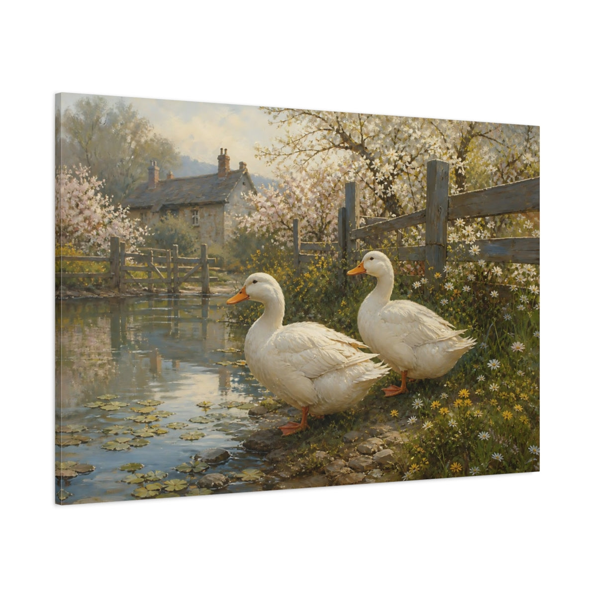 Side Mockup 1. Springtime Ducks By Pond shown as canvas print
