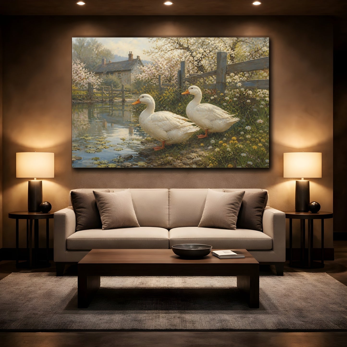 Mockup 2. Springtime Ducks By Pond shown as canvas print