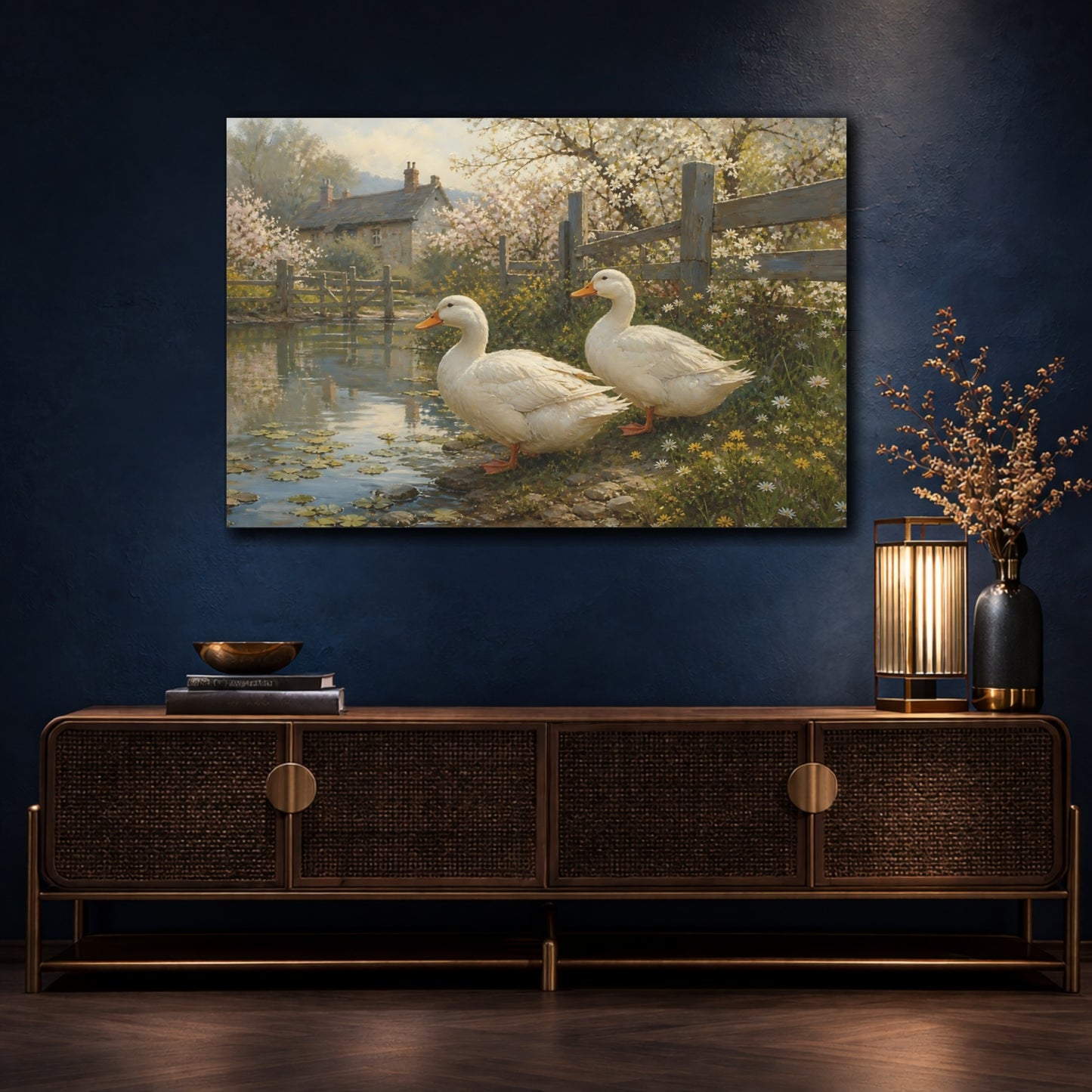 Mockup 4. Springtime Ducks By Pond shown as canvas print