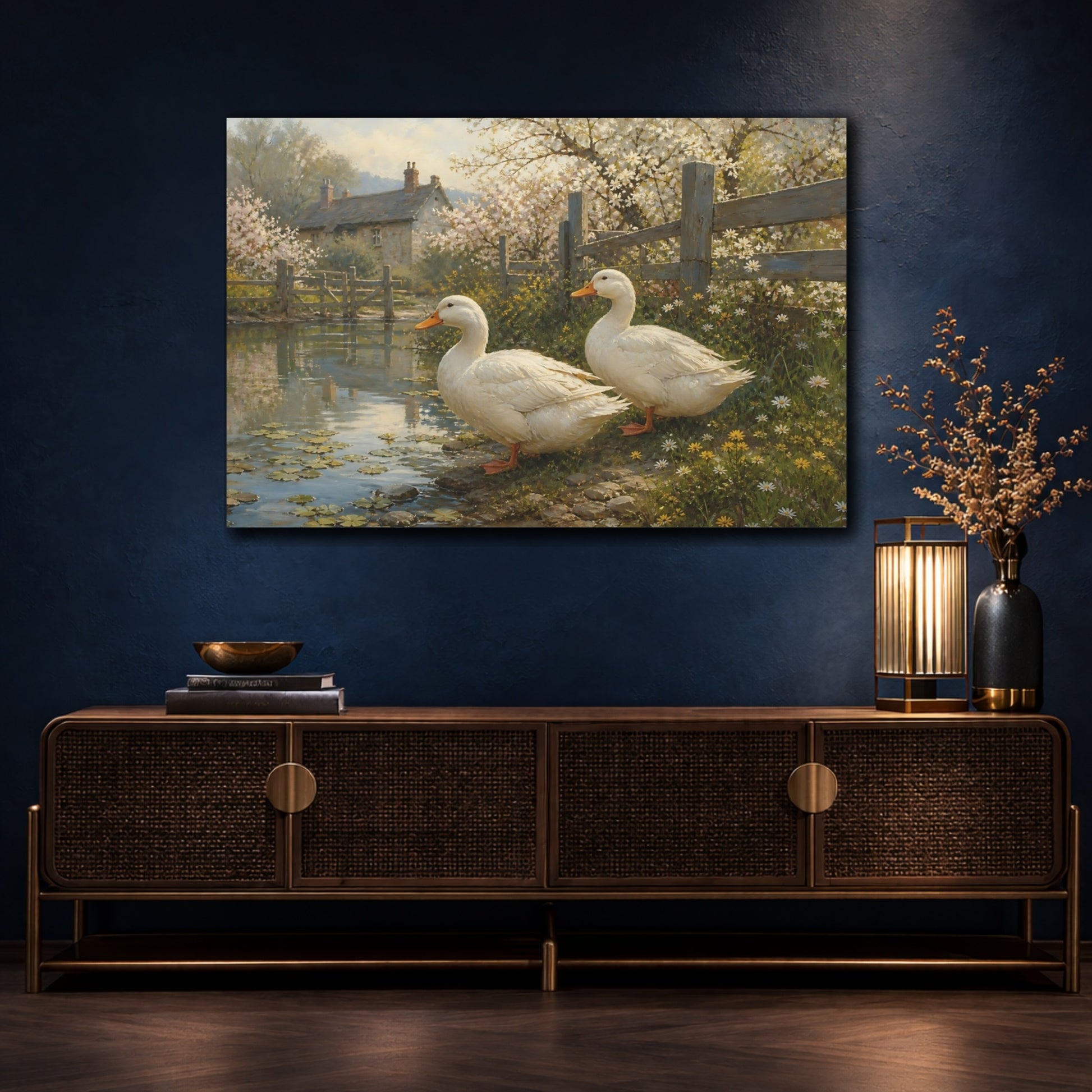 Mockup 4. Springtime Ducks By Pond shown as canvas print