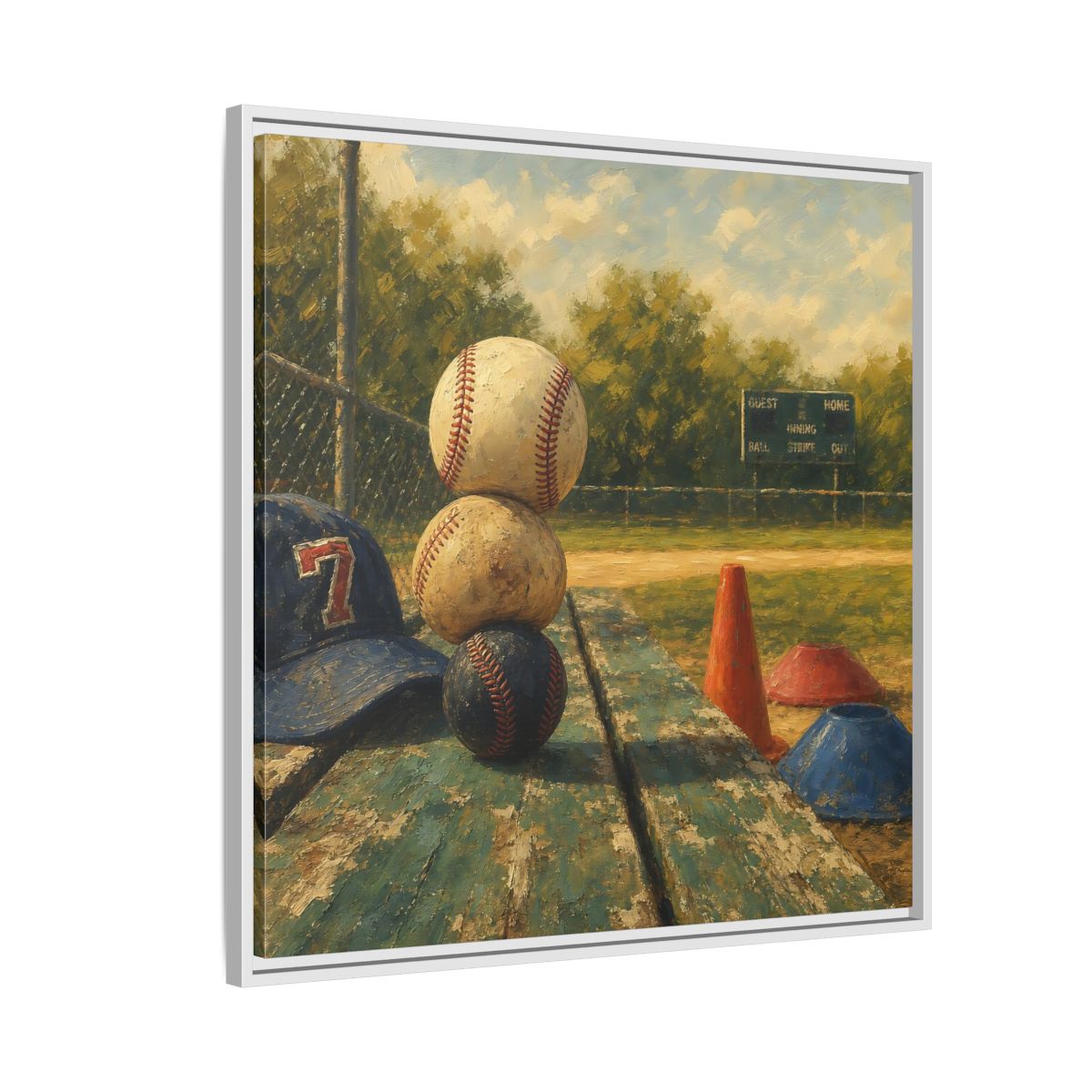 Side Mockup 7. Stacked Baseballs On Bench shown as framed canvas print