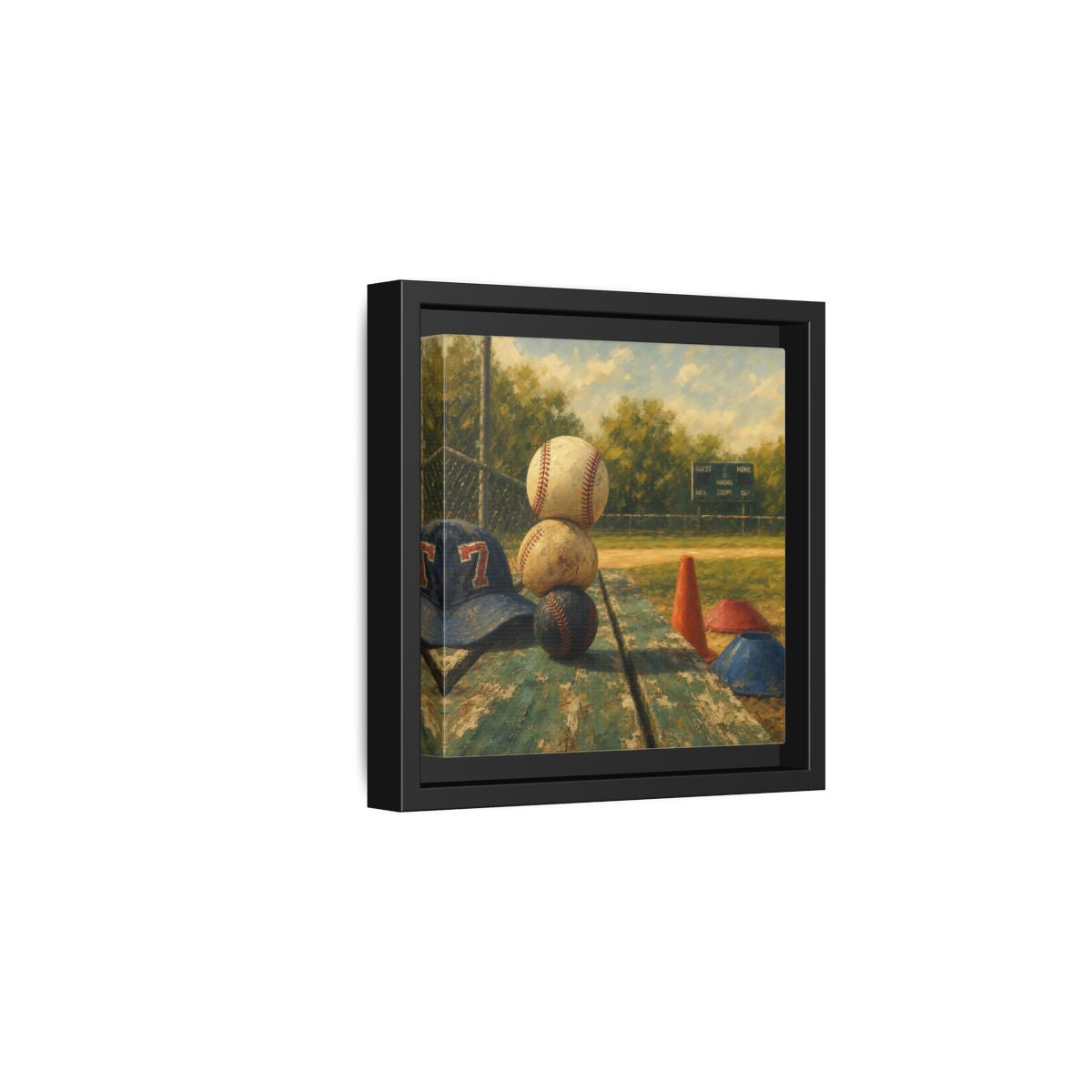 Side Mockup 3. Stacked Baseballs On Bench shown as framed canvas print