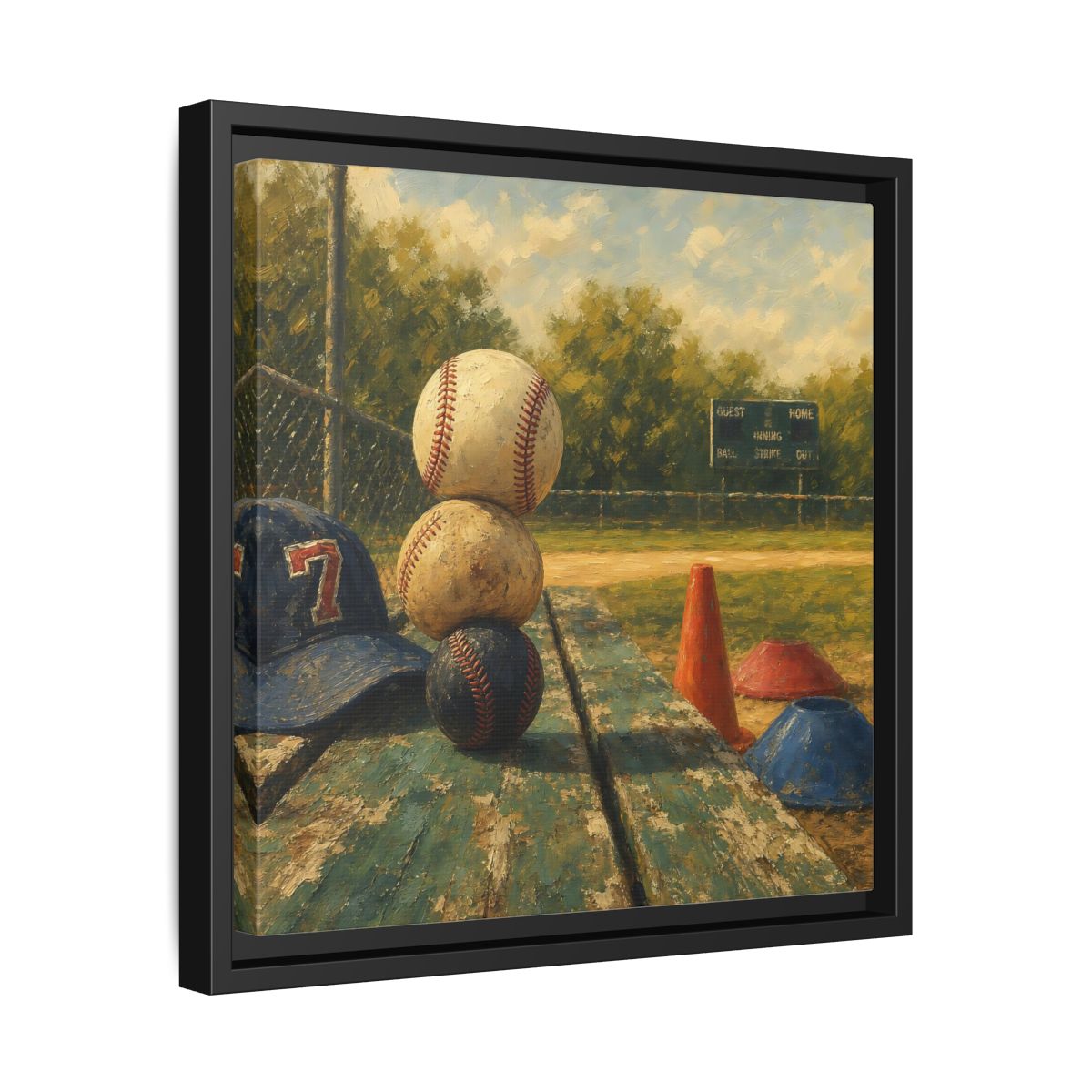 Side Mockup 32. Stacked Baseballs On Bench shown as framed canvas print