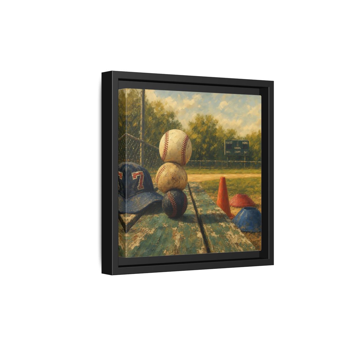 Side Mockup 21. Stacked Baseballs On Bench shown as framed canvas print
