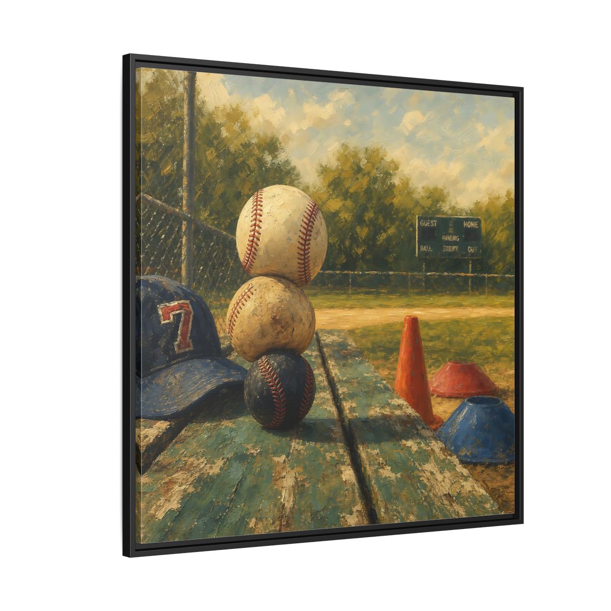 Side Mockup 6. Stacked Baseballs On Bench shown as framed canvas print