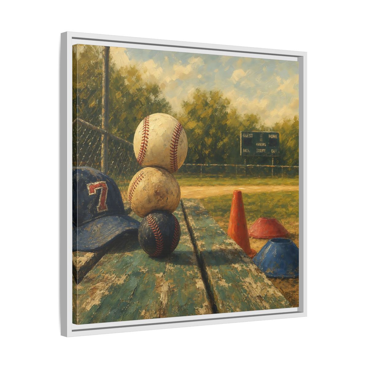 Side Mockup 26. Stacked Baseballs On Bench shown as framed canvas print