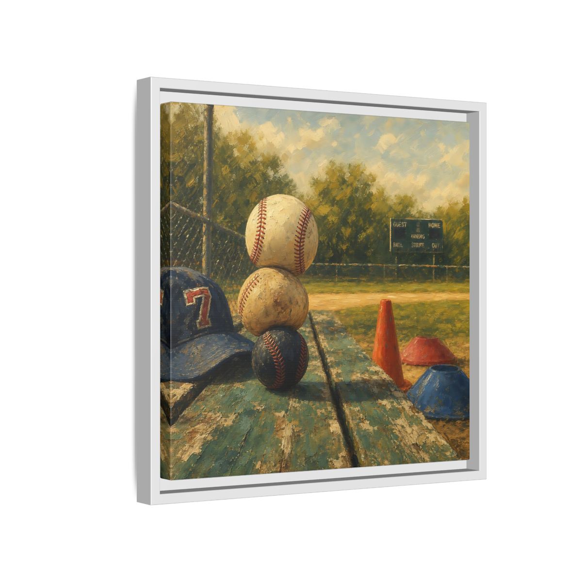 Side Mockup 13. Stacked Baseballs On Bench shown as framed canvas print