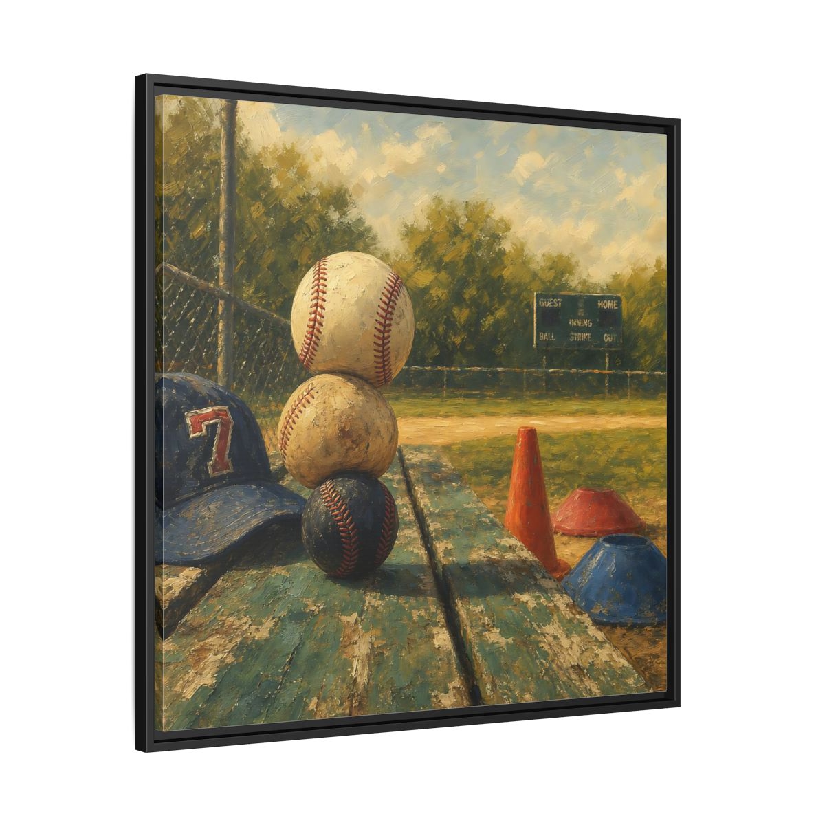 Side Mockup 30. Stacked Baseballs On Bench shown as framed canvas print