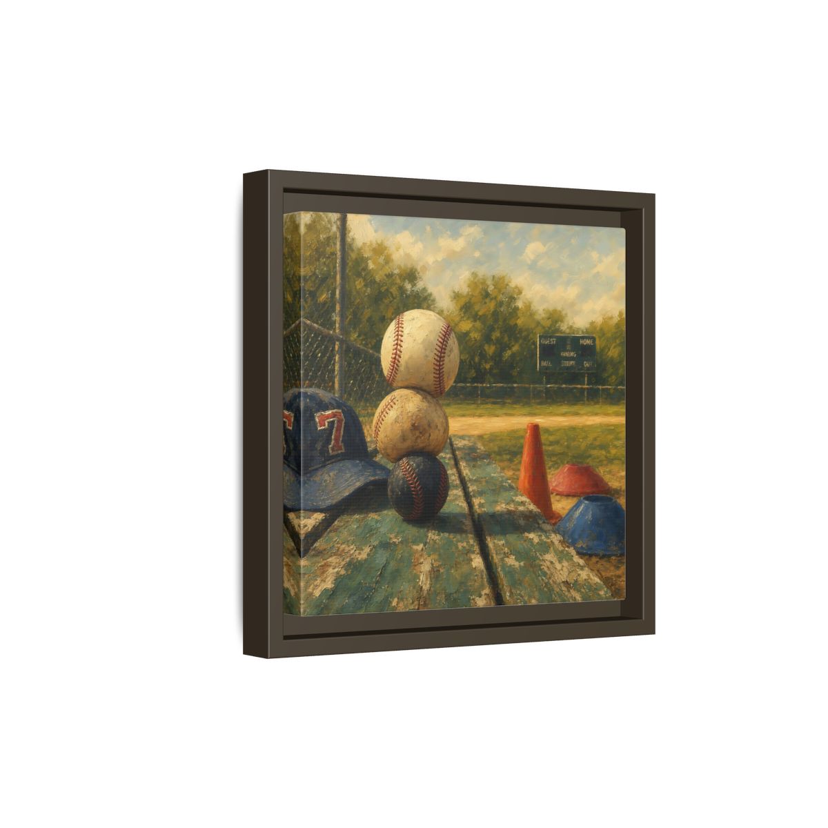 Side Mockup 20. Stacked Baseballs On Bench shown as framed canvas print