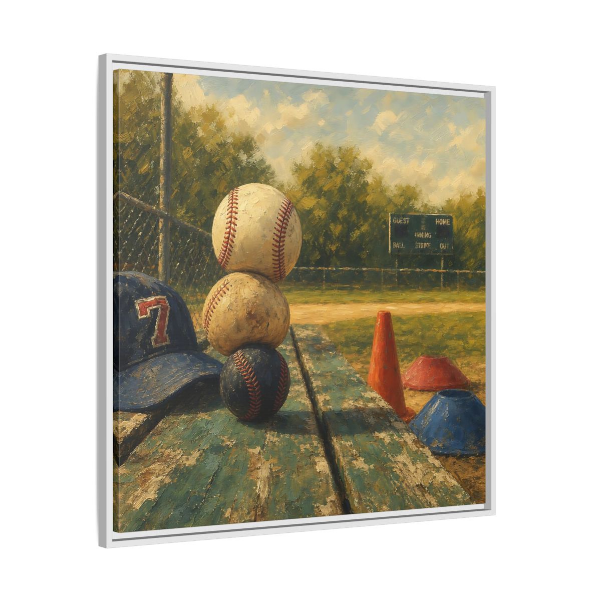 Side Mockup 25. Stacked Baseballs On Bench shown as framed canvas print