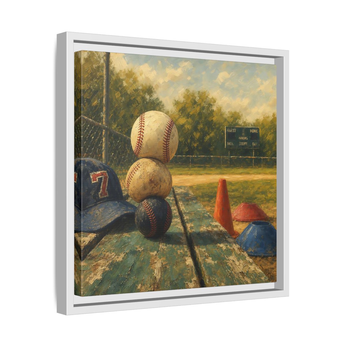 Side Mockup 28. Stacked Baseballs On Bench shown as framed canvas print