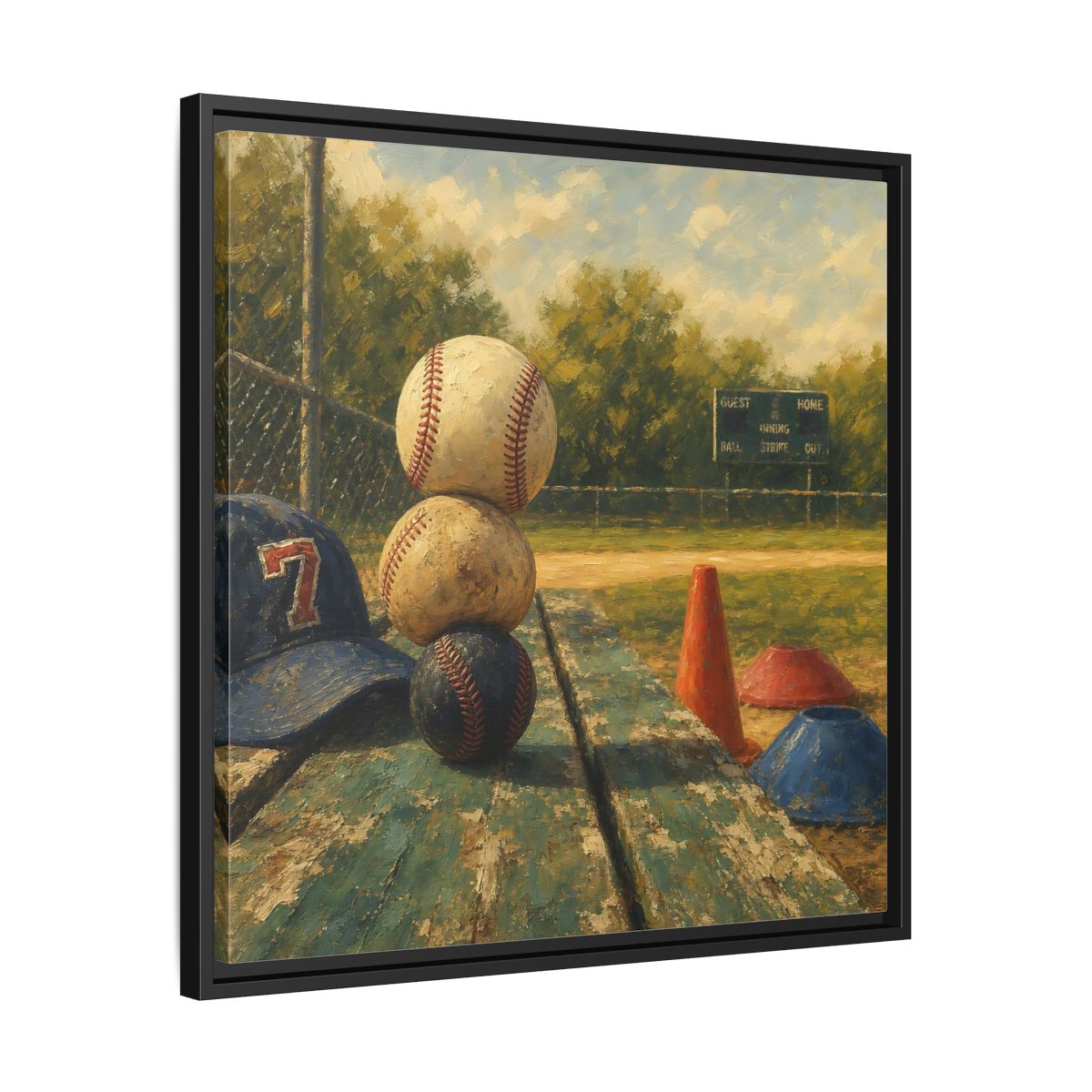 Side Mockup 31. Stacked Baseballs On Bench shown as framed canvas print