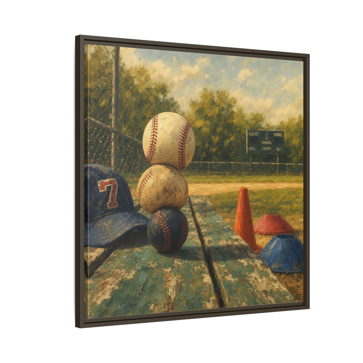 Side Mockup 8. Stacked Baseballs On Bench shown as framed canvas print