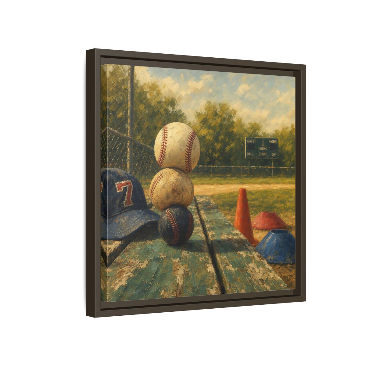 Side Mockup 14. Stacked Baseballs On Bench shown as framed canvas print
