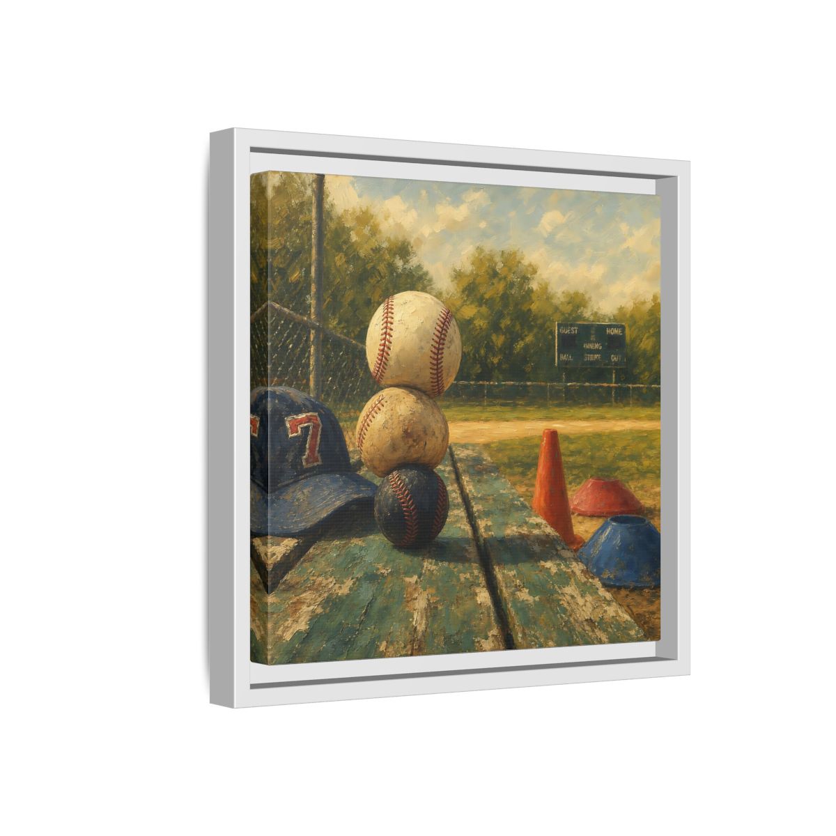 Side Mockup 16. Stacked Baseballs On Bench shown as framed canvas print
