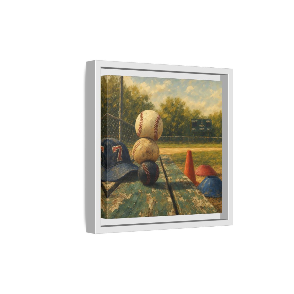 Side Mockup 19. Stacked Baseballs On Bench shown as framed canvas print