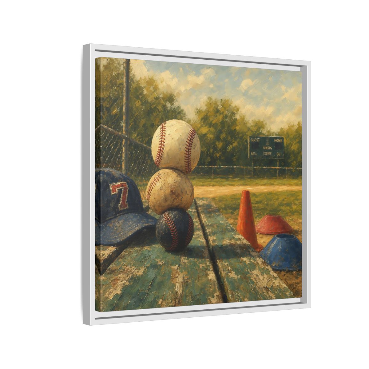 Side Mockup 10. Stacked Baseballs On Bench shown as framed canvas print